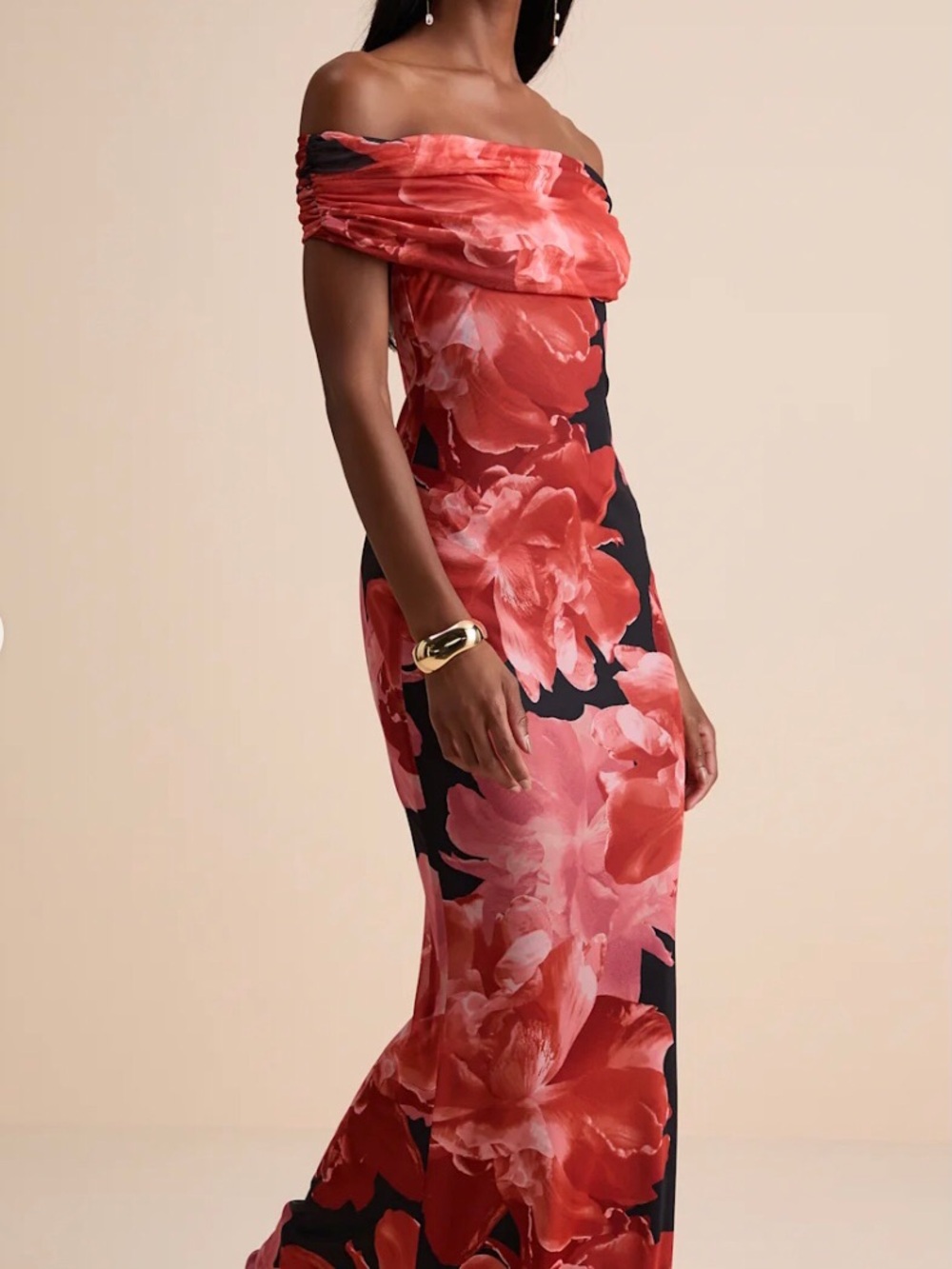 Lulus Dunia Black Floral Print Mesh Off-the-shoulder Maxi Dress - Picture 2 of 4